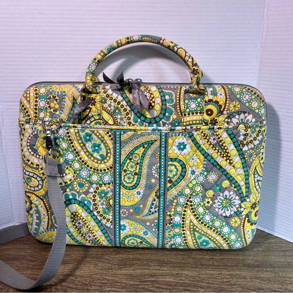 Vera Bradley Green Yellow Teal Gray Brown Paisley Labtop Bag - Picture 3 of 17